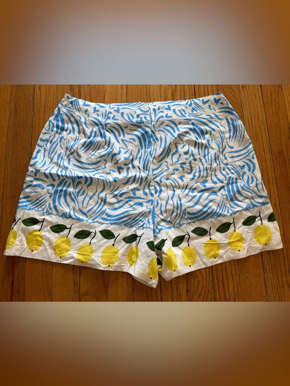 NWT- Primark Blue & White Wave Print High Waist Shorts with Yellow Lemon Trim